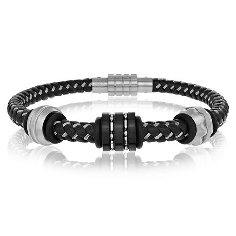 Black Leather Bracelet + Steel Wires