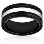 Stainless Steel Two-Tone Black Plated Polished Grooved Center Ring (Size 9)