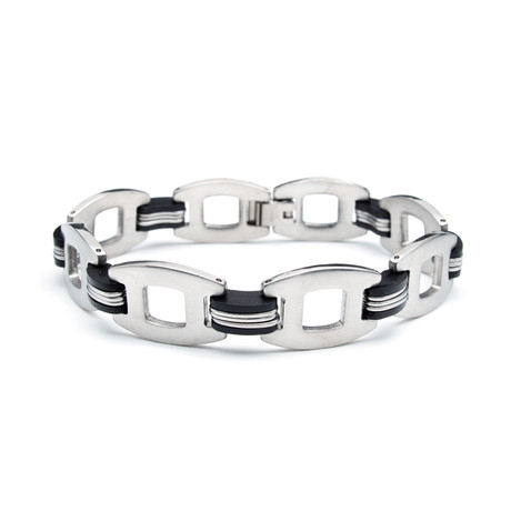 Stainless Steel Open Round Black Rubber Steel Bracelet