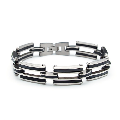 Tri Level Stainless Steel Biker Style Black Rubber Bracelet