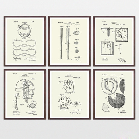 Baseball Patent Collection  // 6 Print Set // Warm Toned (8" x 10")