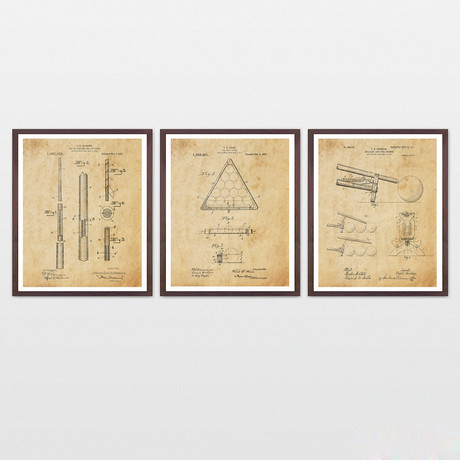 Billiards Patent Collection  // 3 Print Set // Antique Paper (8" x 10")