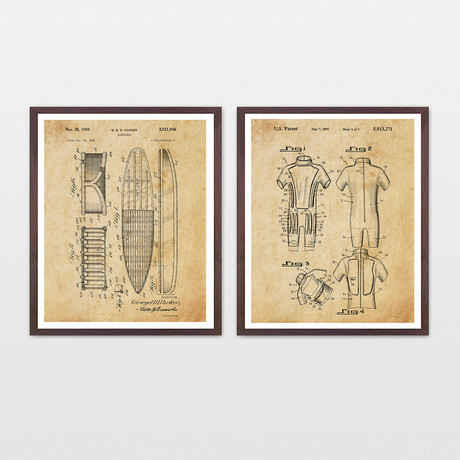 Surfing Patent Art Collection // 2 Print Set // Antique Paper (8" W x 10" H)