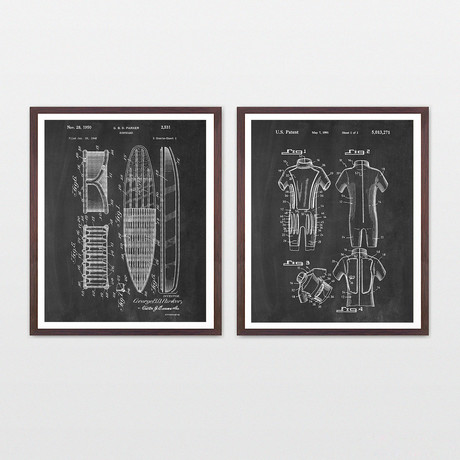 Surfing Patent Art Collection // 2 Print Set // Chalkboard (8" W x 10" H)