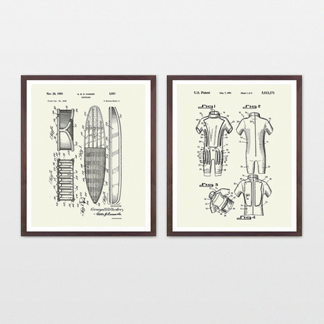 Surfing Patent Art Collection // 2 Print Set // Warm Toned (8" W x 10" H)