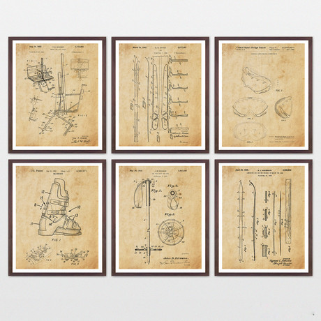 Skiing Patent Art Collection // 6 Print Set // Antique Paper (8" x 10")