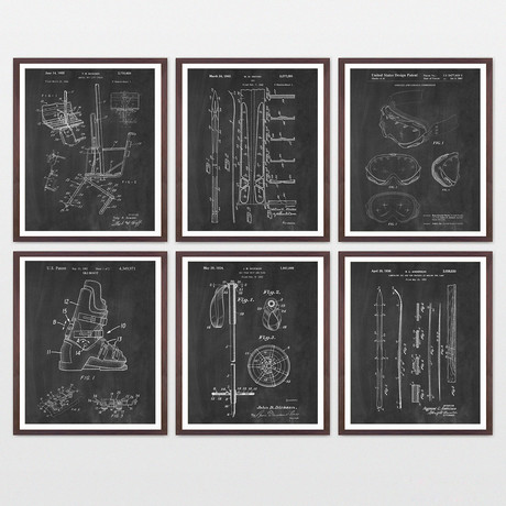 Skiing Patent Art Collection // 6 Print Set // Chalkboard (8" x 10")