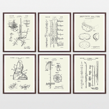 Skiing Patent Art Collection // 6 Print Set // Warm Toned (8" x 10")