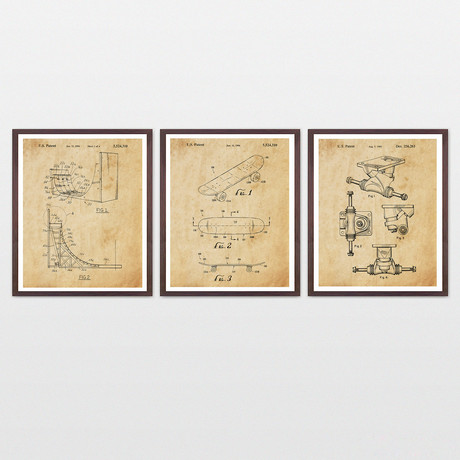 Skateboarding Patent Art Collection  // 3 Print Set // Antique Paper (8" x 10")