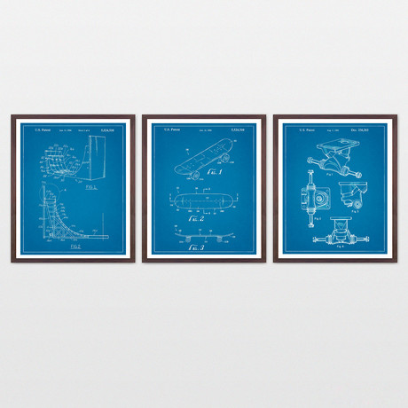 Skateboarding Patent Art Collection  // 3 Print Set // Blueprint (8" x 10")