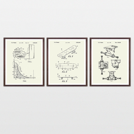 Skateboarding Patent Art Collection  // 3 Print Set // Warm Toned (8" x 10")