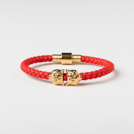 Tiger Head Leather Bracelet // Red & Gold