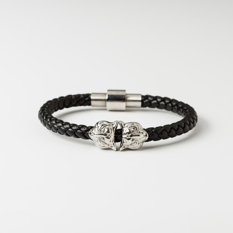 Tiger Head Leather Bracelet // Black & Chrome