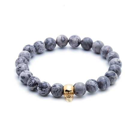 18kt Yellow Gold Plated Skull + Grey Jasper (15 - 15.9cm)