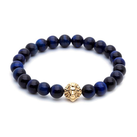18kt Yellow Gold Head of Lion + Navy Blue Tiger Eye (15 - 15.9cm)