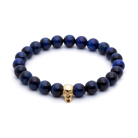 18kt Yellow Gold Skull + Navy Blue Tiger Eye (15 - 15.9cm)