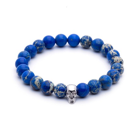 18kt White Gold Skull + Blue Sea Sediment Jasper String Bracelet (15 - 15.9cm)