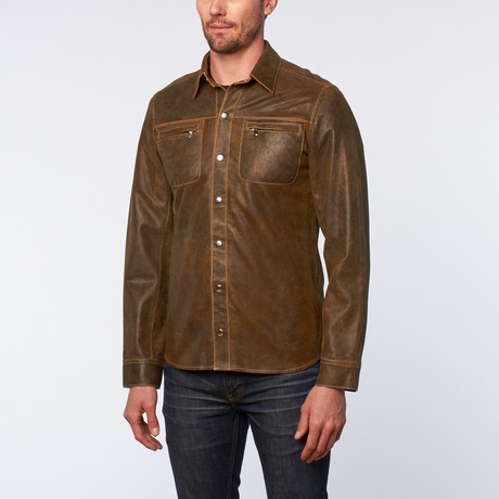 Glenn Distressed Lamb Leather Button-Up // Antique Brown (S)
