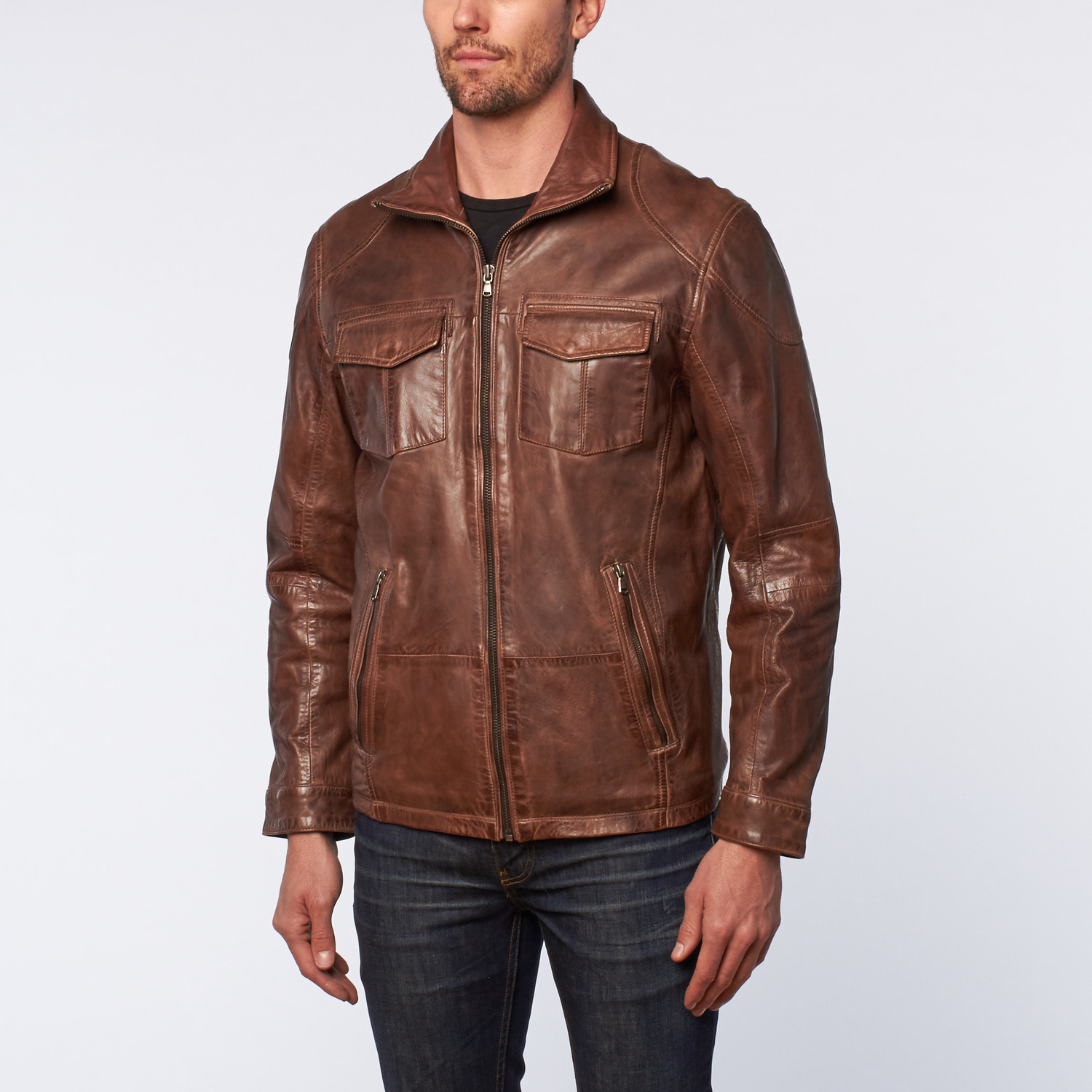 Leather Stand Collar Elbow Patch Jacket // Brick (XL) - T&A 