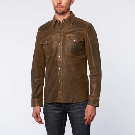 Clint S Lamb Leather Button-Up // Antique Brown (S)