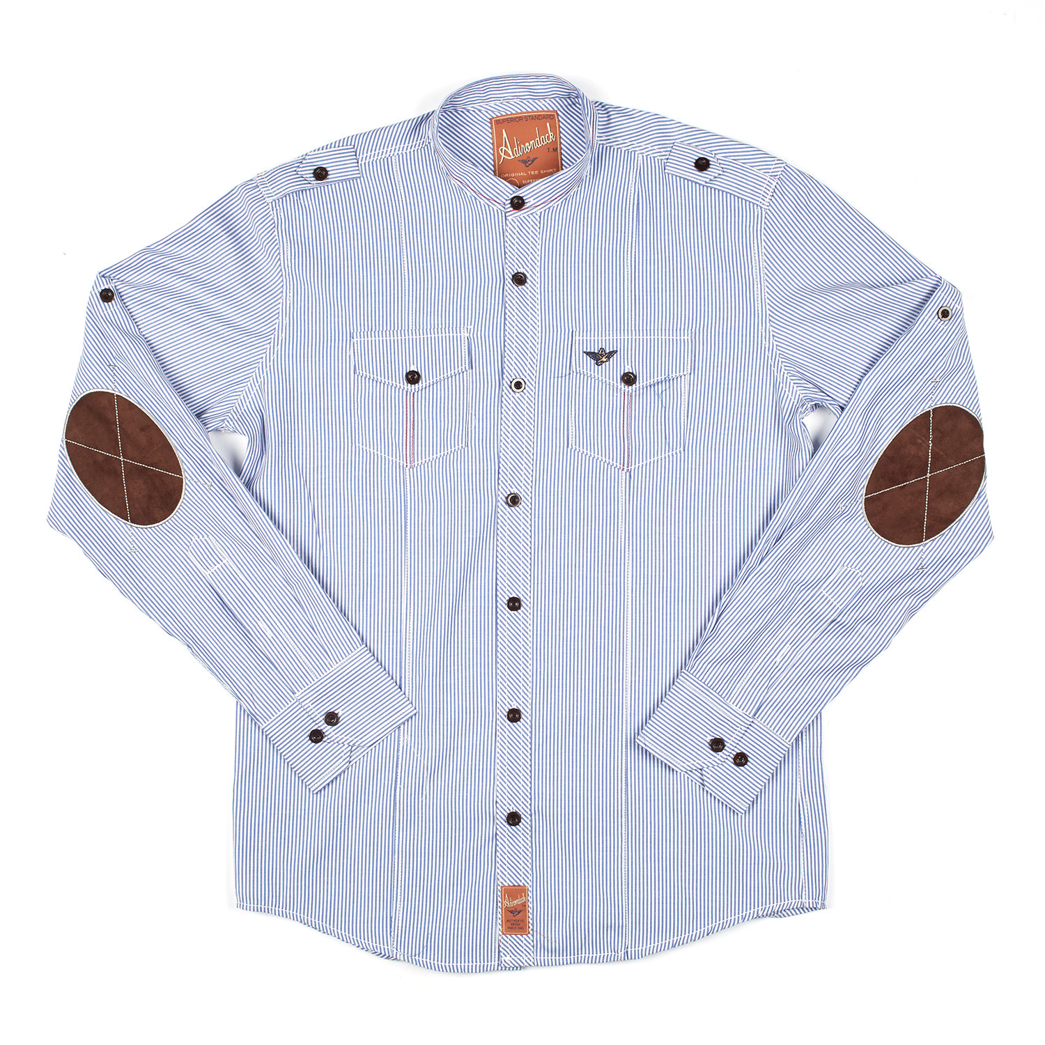 Nehru Collar Elbow Patch Button-Down Shirt // Blue Stripe (S ...