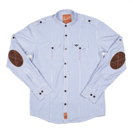 Nehru Collar Elbow Patch Button-Down Shirt // Blue Stripe (S)