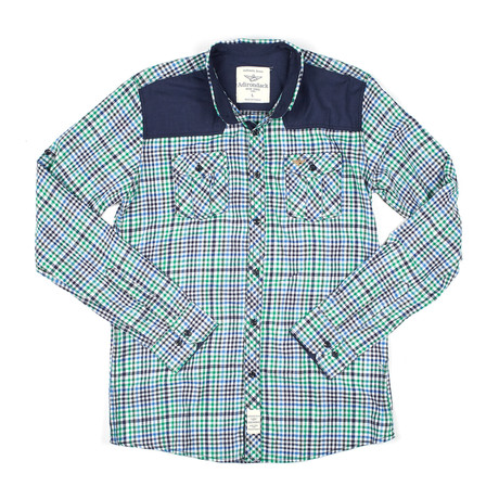 Color Blocked Button-Down // Green + Dark Blue Gingham (S)