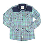 Color Blocked Button-Down // Green + Dark Blue Gingham (XL)