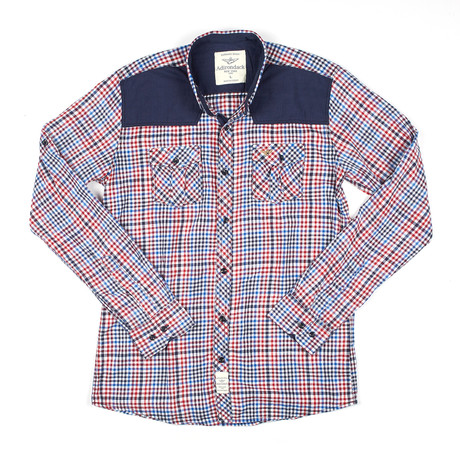 Color Blocked Button-Down // Claret Red + Dark Blue Gingham (S)