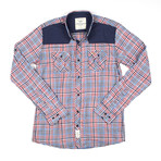 Color Blocked Button-Down // Claret Red + Dark Blue Gingham (M)