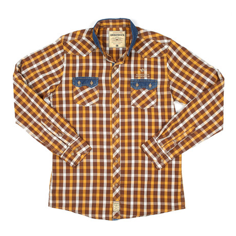 Contrast Trim Button-Down Shirt // Brown + Mustard Check (S)