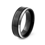 Blackplated Titanium Silvertone Edged Groove Ring (Size 7)