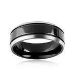 Blackplated Titanium Silvertone Edged Groove Ring (Size 7)