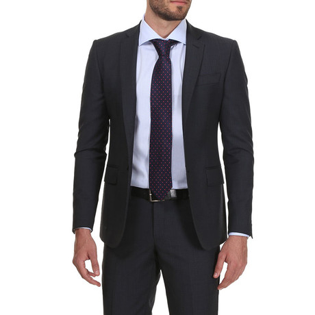 Slim Fit 2-Button Suit // Dark Blue + Grey Pinstripe (Euro: 44)