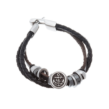 2-Tone Braided Leather Bracelet // Stainless Steel Anchor + Beads