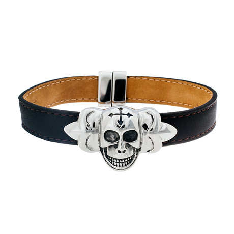 Leather Bracelet // Stainless Steel Skull (Brown)