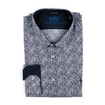 Long-Sleeve Button-Up Shirt // Blue + White Print (M)