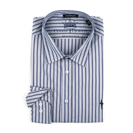 Long-Sleeve Button-Up Shirt // Blue Stripe (M)