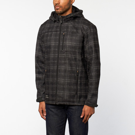 Hooded Printed Check Fleece Jacket // Black (S)