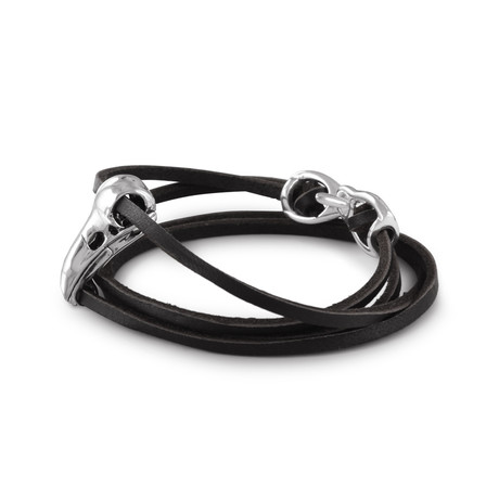 Raven Skull Bracelet // Bronze (Black Leather)