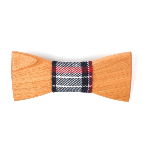 Bamboo Wooden Bowtie // Red + Grey Plaid