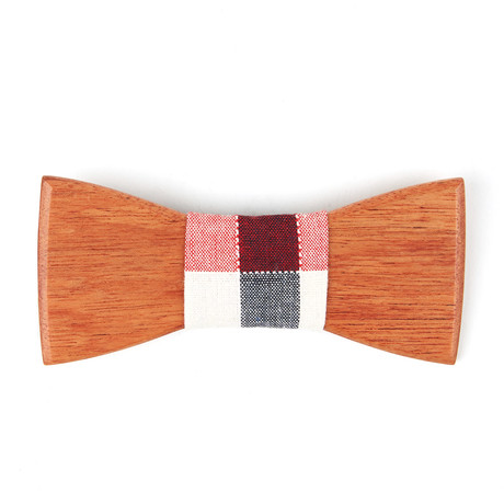 Mahogany Wooden Bowtie // Light Red + White Plaid