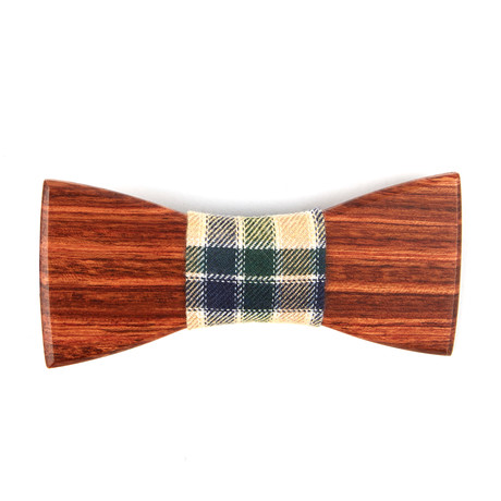 Mahogany Wooden Bowtie // Olive + Taupe Plaid