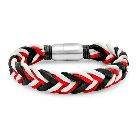 Genuine Black Leather And Red And White Rope Bracelet