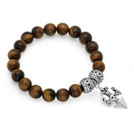 Tiger Eye Beaded Bracelet + Silver Toned Skull Dagger