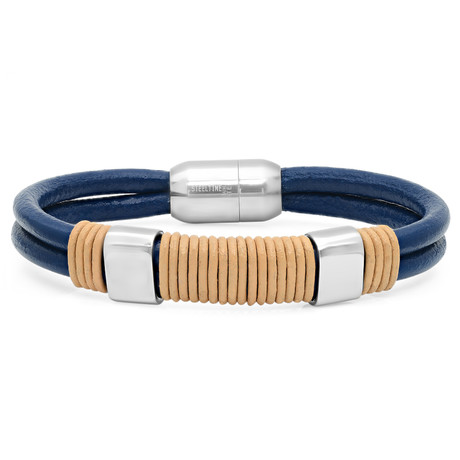 Leather And Tan Rubber Bracelet // Blue