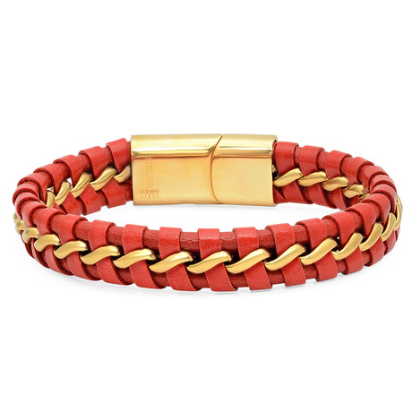 Leather + 18k Gold Plated Inlay Accent Bracelet // Red