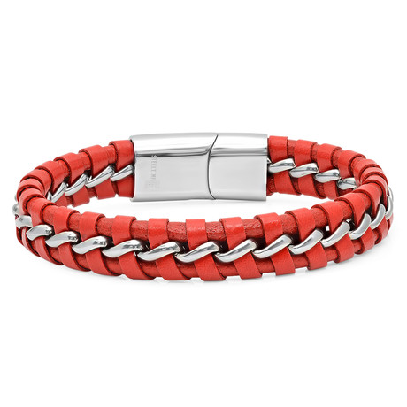 Leather + Silver Toned Inlay Accent Bracelet // Red