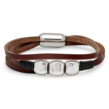 Leather  Bracelet // Brown + Silver Toned