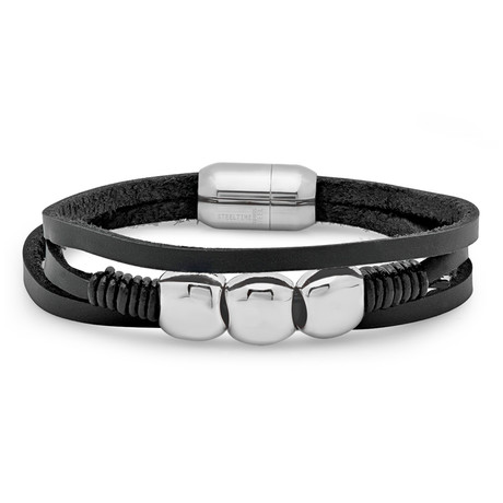 Leather  Bracelet // Black + Silver Toned
